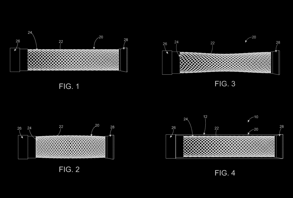 Illustration showing four figures of a mesh tube design. Each figure displays the tube from different angles, labeled from FIG. 1 to FIG. 4. The tube features two end sections labeled 24 and 26 on the left and right sides, with an outer mesh layer visible. The measurements and directional indicators are included in each figure. The background is black, and the lines are in white, giving a technical drawing appearance.