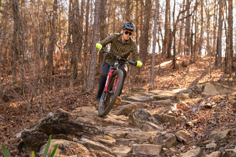A mountain biker in a plaid shirt and helmet navigates a rocky trail in a forest, with sunlight filtering through the trees. The biker is performing a maneuver on a red bike, showcasing skill and balance.