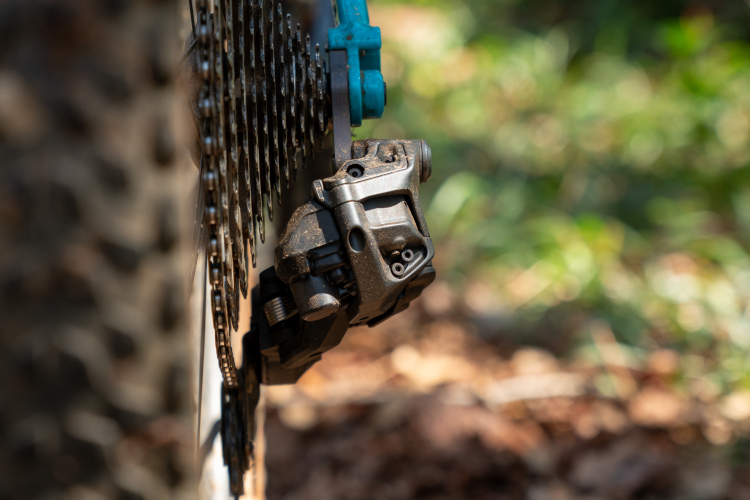 Close-up image of a bicycle's rear derailleur and gear cassette, showcasing the intricate mechanics and dirt accumulation. The background features blurred greenery, indicating an outdoor setting, possibly a trail.