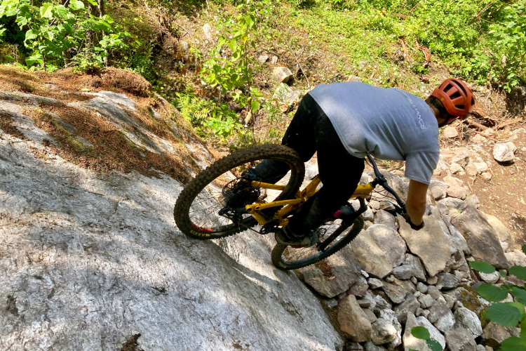 A mountain biker navigates a rocky incline amidst lush greenery, demonstrating skill and agility as they balance on a narrow path.