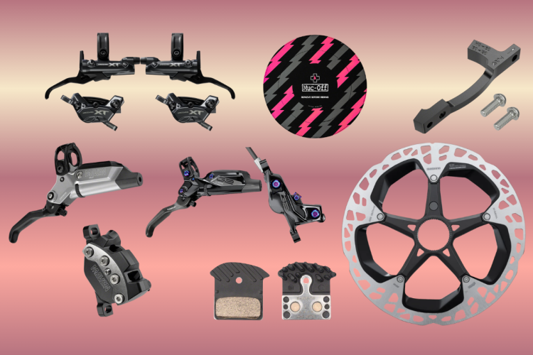A flat lay image featuring various bicycle brake components, including brake levers, calipers, a brake rotor, brake pads, and mounting hardware, arranged aesthetically on a gradient background.