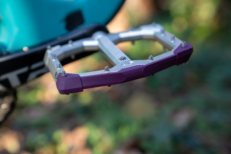 Close-up image of a bicycle pedal featuring a silver metal body and a purple rubber edge. The pedal is mounted on a bicycle, with a blurred background of green foliage and natural elements.