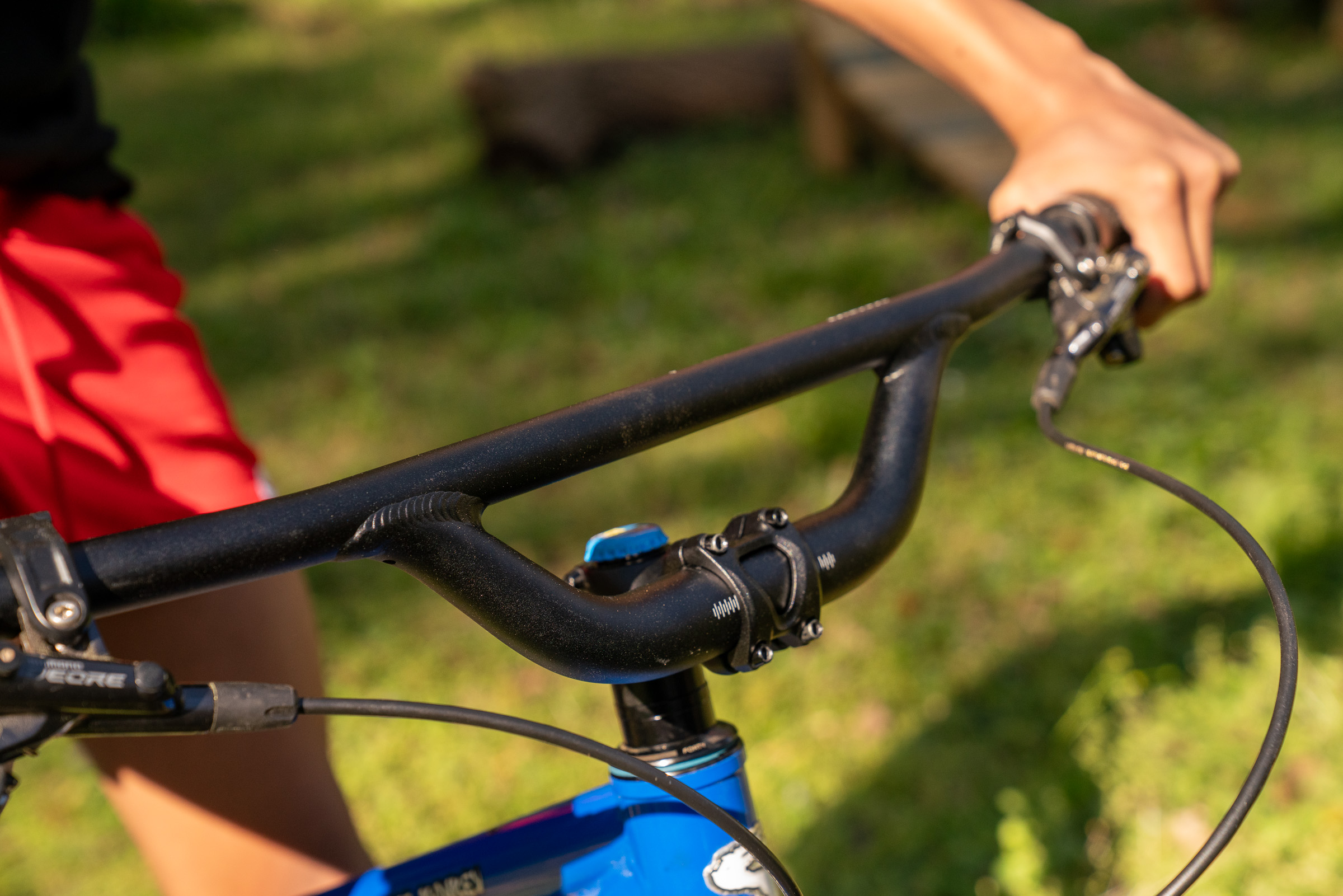 Close-up view of a person holding the handlebars of a blue mountain bike, with a focus on the handlebar grips and brakes. The background features a grassy area with blurred greenery, suggesting an outdoor setting. The person is wearing a black shirt and red shorts.