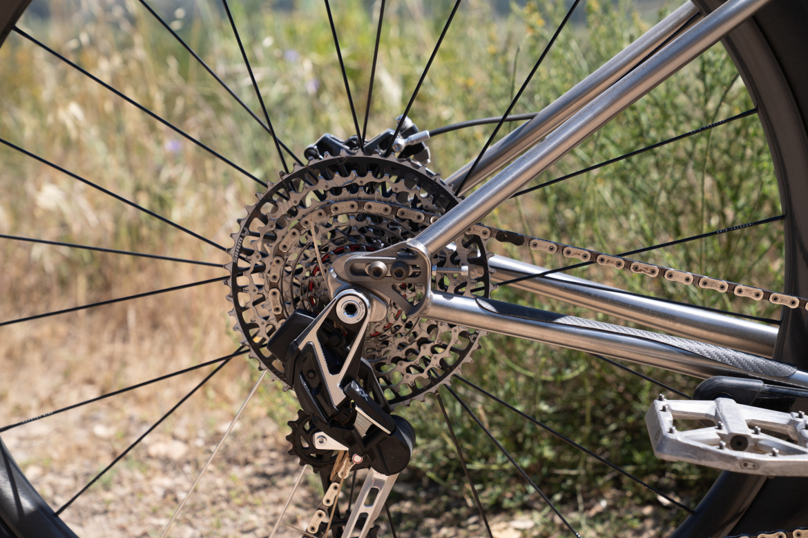 Close-up view of a bicycle's rear derailleur and cassette, showcasing the chain, sprockets, and bike frame against a natural background of grass and plants.