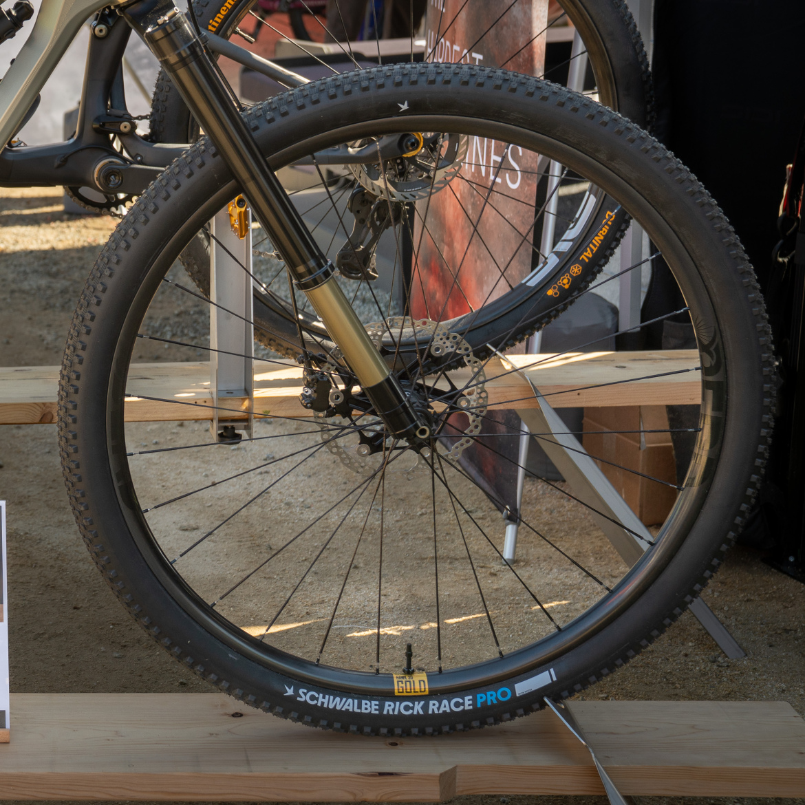 Close-up view of a mountain bike wheel, showcasing the tire and fork. The tire features a "Schwalbe Rick Race Pro" label, and the image captures the bike on a wooden display in an outdoor setting.