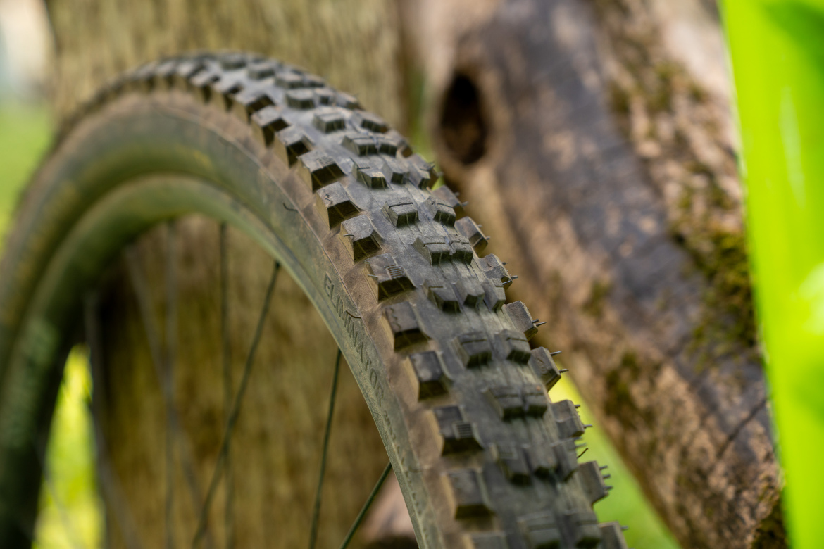 Close-up of a mountain bike tire with a textured, knobby pattern, set against a blurred background of a tree and greenery. The tire shows signs of use, with dirt and wear visible on its surface.