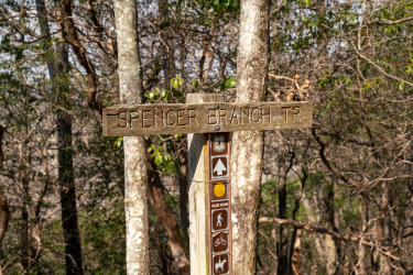 Wooden trail sign for Spencer Branch Trail, surrounded by trees in a natural setting. The sign includes various trail markers for hiking and biking. Spencer Branch mountain bike trail.