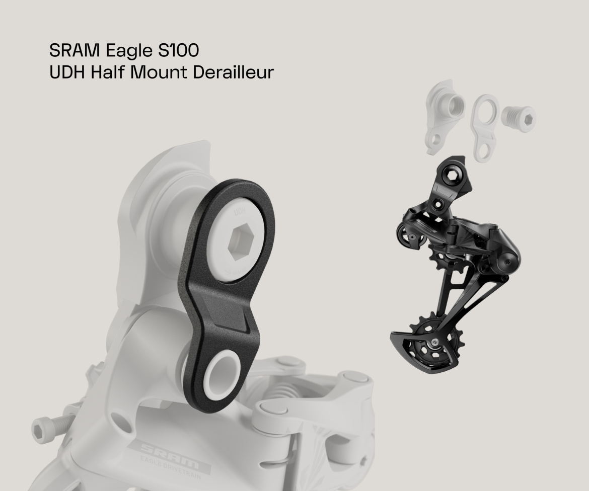 Illustration of the SRAM Eagle S100 UDH Half Mount Derailleur, showcasing the black derailleur and components, with a gray background. The image highlights the design and functionality of the derailleur, ideal for bicycle enthusiasts and mechanics.