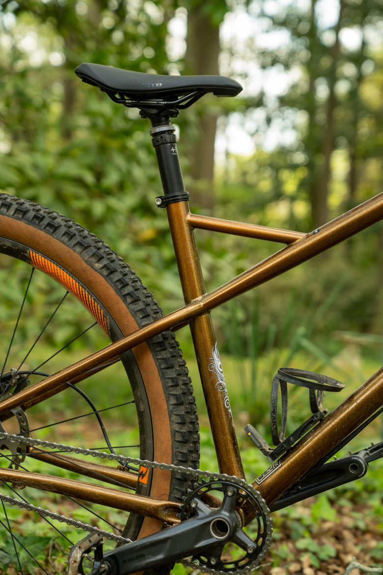 A close-up view of a mountain bike's rear frame, featuring a bronze-colored metallic finish and a black saddle. The bike is set against a natural background with greenery and soft-focus trees, showcasing its rugged design and features like knobby tires and a derailleur system.