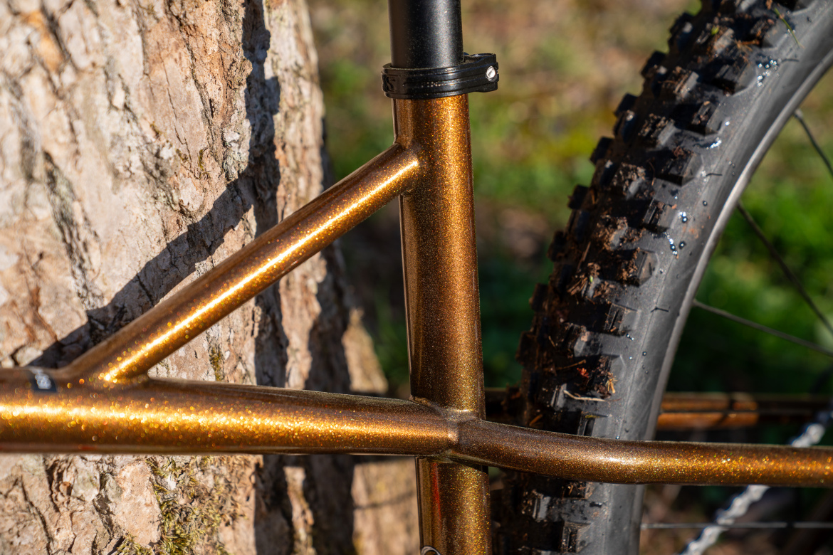 Close-up view of a bicycle frame with a shimmering golden finish, leaning against a tree trunk. The image captures the intricate details of the frame’s geometry and the textured surface of the tire, set against a blurred green background.