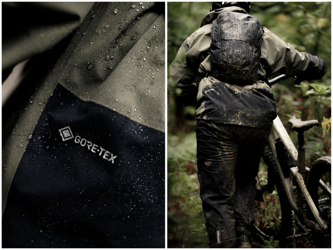 A close-up of a rain jacket featuring the GORE-TEX logo, showcasing water droplets on the fabric. The second section depicts a person in wet and muddy outdoor gear, carrying a mountain bike through a forested area.