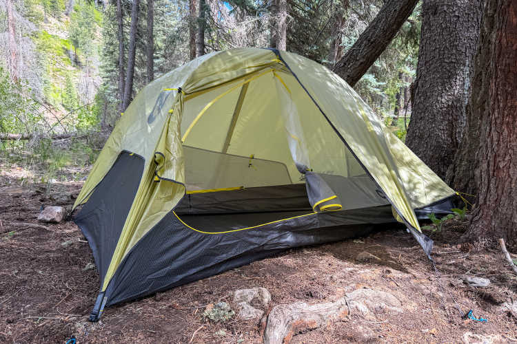 A tent set up in a forested area, nestled between trees. The tent is predominantly yellow with black accents and has mesh windows for ventilation. The ground is covered with pine needles and small rocks, indicating a natural camping environment. Sunlight filters through the trees, illuminating the scene.