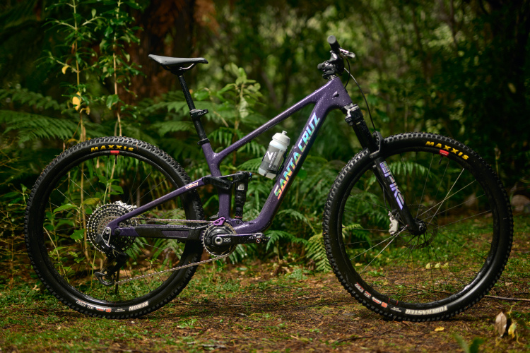 A purple mountain bike with prominent "Santa Cruz" branding, positioned on a forest floor surrounded by lush greenery. The bike features large tires with "Maxxis" labels, a water bottle mounted on the frame, and a detailed drivetrain.