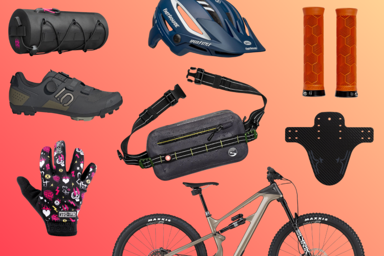 Image displaying various biking accessories on a gradient background, including a bicycle helmet, cycling shoes, gloves, a hydration bag, handlebar grips, a bike fender, and a mountain bike, highlighting essential gear for cyclists.