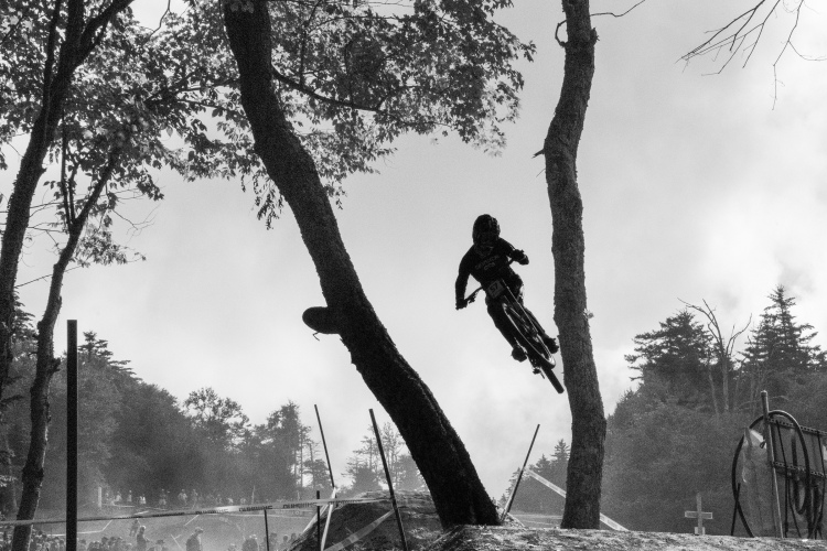 A silhouette of a mountain biker jumping between two trees on a dirt trail, captured in black and white. Smoke and dust fill the air, with a blurred crowd visible in the background.