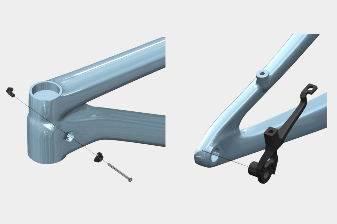 Isometric view of a bicycle frame featuring a detailed close-up of the bottom bracket area, showing a light blue frame along with a black component, screw, and fastening mechanism.