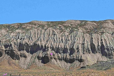 A landscape featuring rugged, textured hills under a clear blue sky. The foreground is occupied by sparse vegetation and dry grass, while the hills display distinct ridges and patterns. Small patches of bright color, possibly wildflowers, are visible on the hillside. Vashlovani National Park Adventure Loop mountain bike trail.