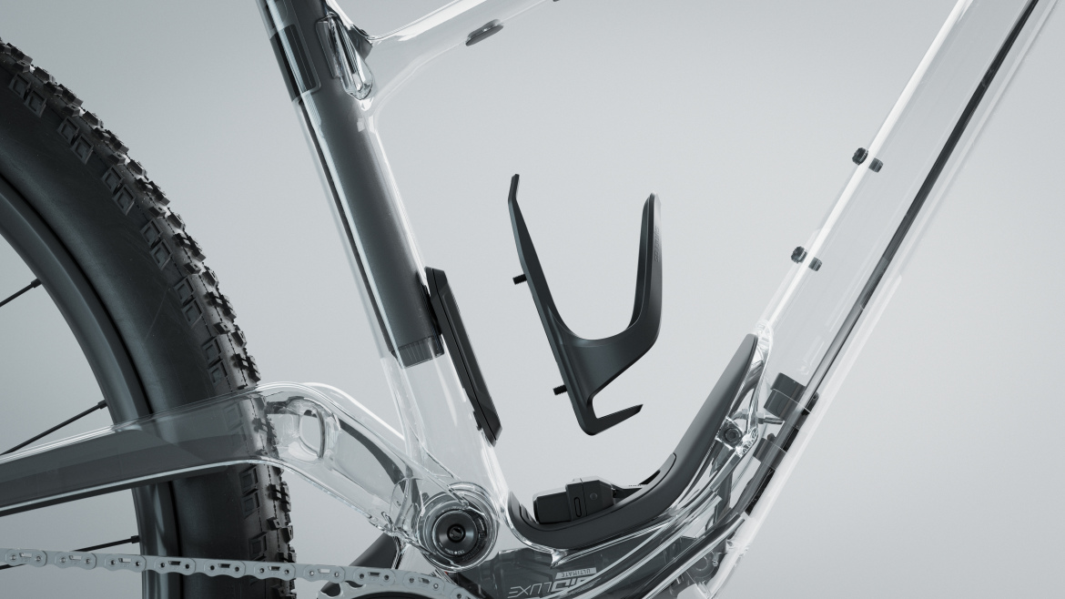 Close-up of a modern bicycle frame, showcasing the interior design and a black water bottle holder positioned within the frame's triangle. The frame is semi-transparent, highlighting its construction details, while the background is a smooth gradient, emphasizing the bike's sleek design.
