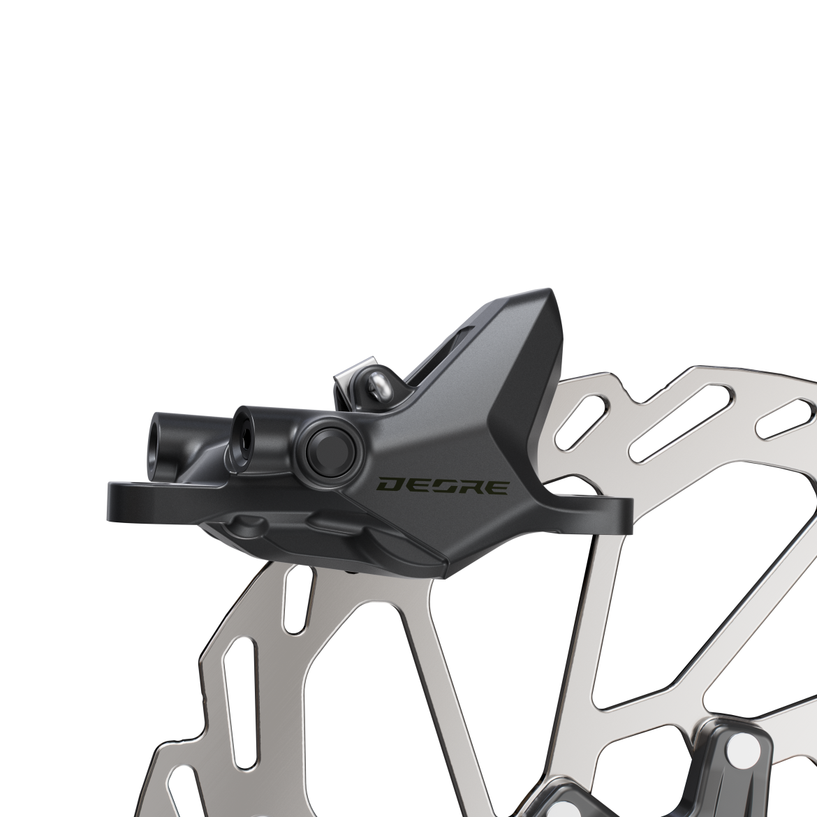 A close-up view of shimano's new 2-piston deore brake caliper, featuring a sleek black body with a green logo and connected to a silver brake rotor, showcasing the intricate design and engineering of the braking system.