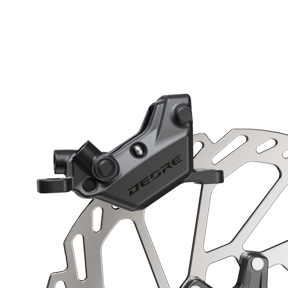 A close-up view of shimano's new 4-piston deore caliper, featuring a sleek design with a dark metallic finish and the "DEORE" logo prominently displayed. The caliper is attached to a silver brake rotor with a cut-out pattern, showcasing its functional and modern appearance against a simple background.