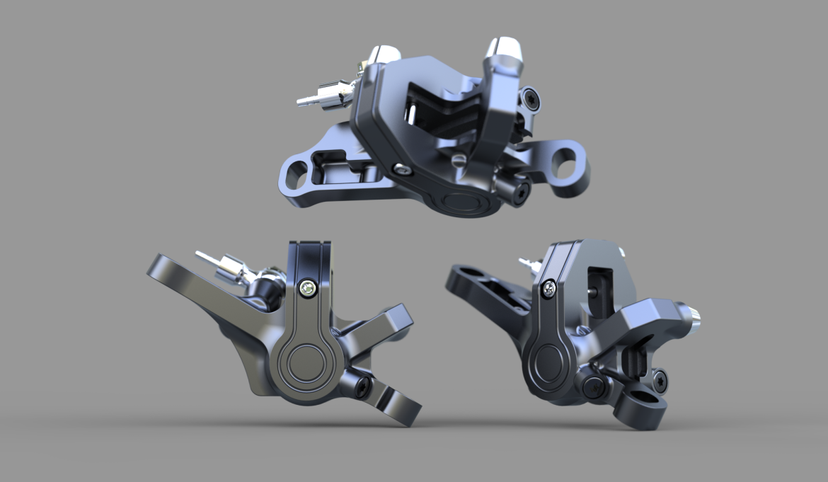A 3D model rendering of a Hustok Chrono 2-piston caliper. The component features smooth curves, multiple attachment points, and metallic detailing, highlighting its intricate design.