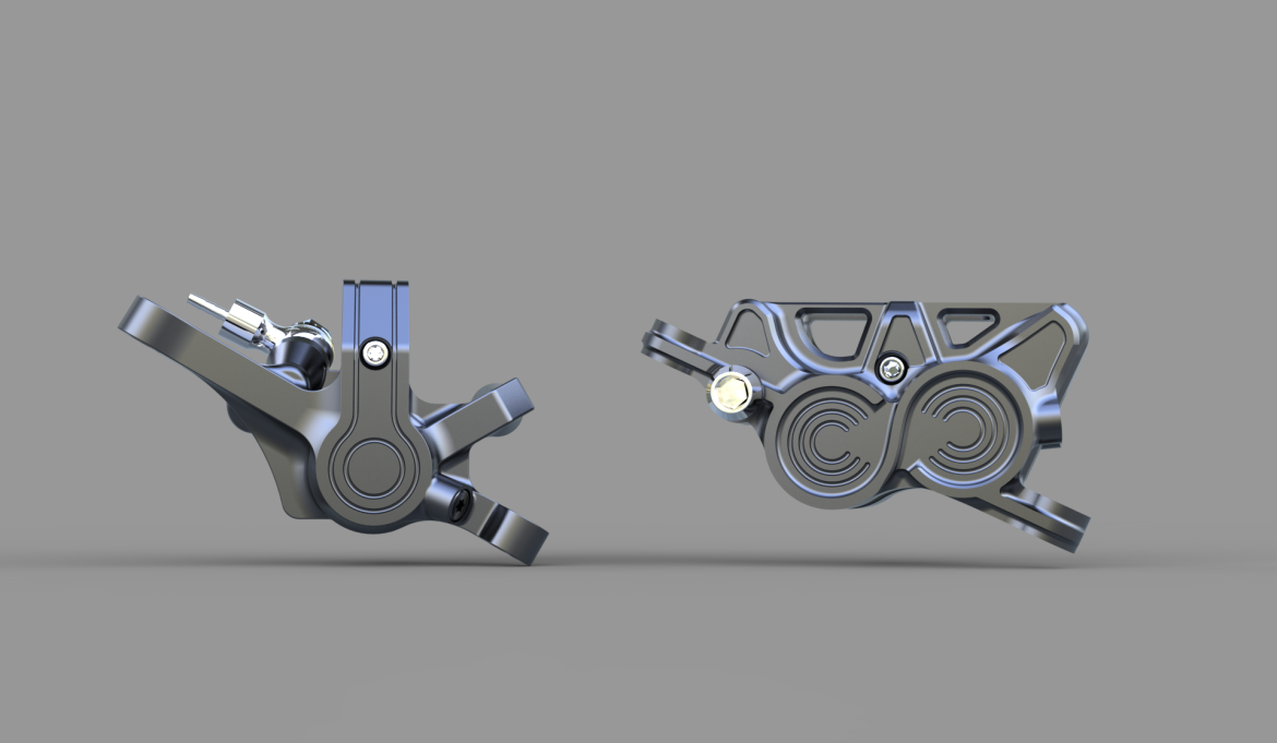 A 3D rendering of two Hustok brake calipers with a sleek, dark metallic finish. The components are shown from a side perspective, highlighting their intricate shapes and details, including circular elements, screws, and connectors. The background is a neutral gray, allowing the components to stand out prominently.