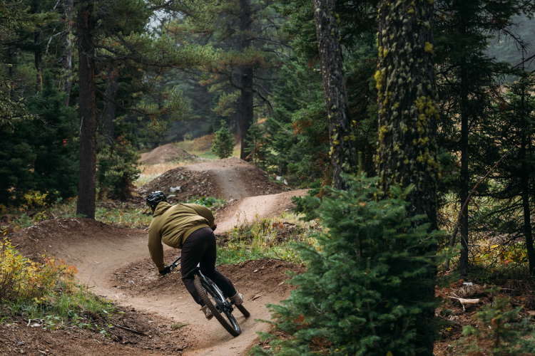A mountain biker navigating a dirt trail surrounded by tall trees and foliage, with a focus on the rider leaning into a turn on a winding path. The landscape is autumnal, featuring earthy tones and a slightly overcast sky.