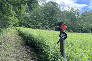 A dirt path leads through a green field bordered by trees, with a trail marker post on the right. The post displays a warning sign and information about MWF trails. The sky is partly cloudy, adding to the serene outdoor atmosphere. Maple Wind Farm mountain bike trail.