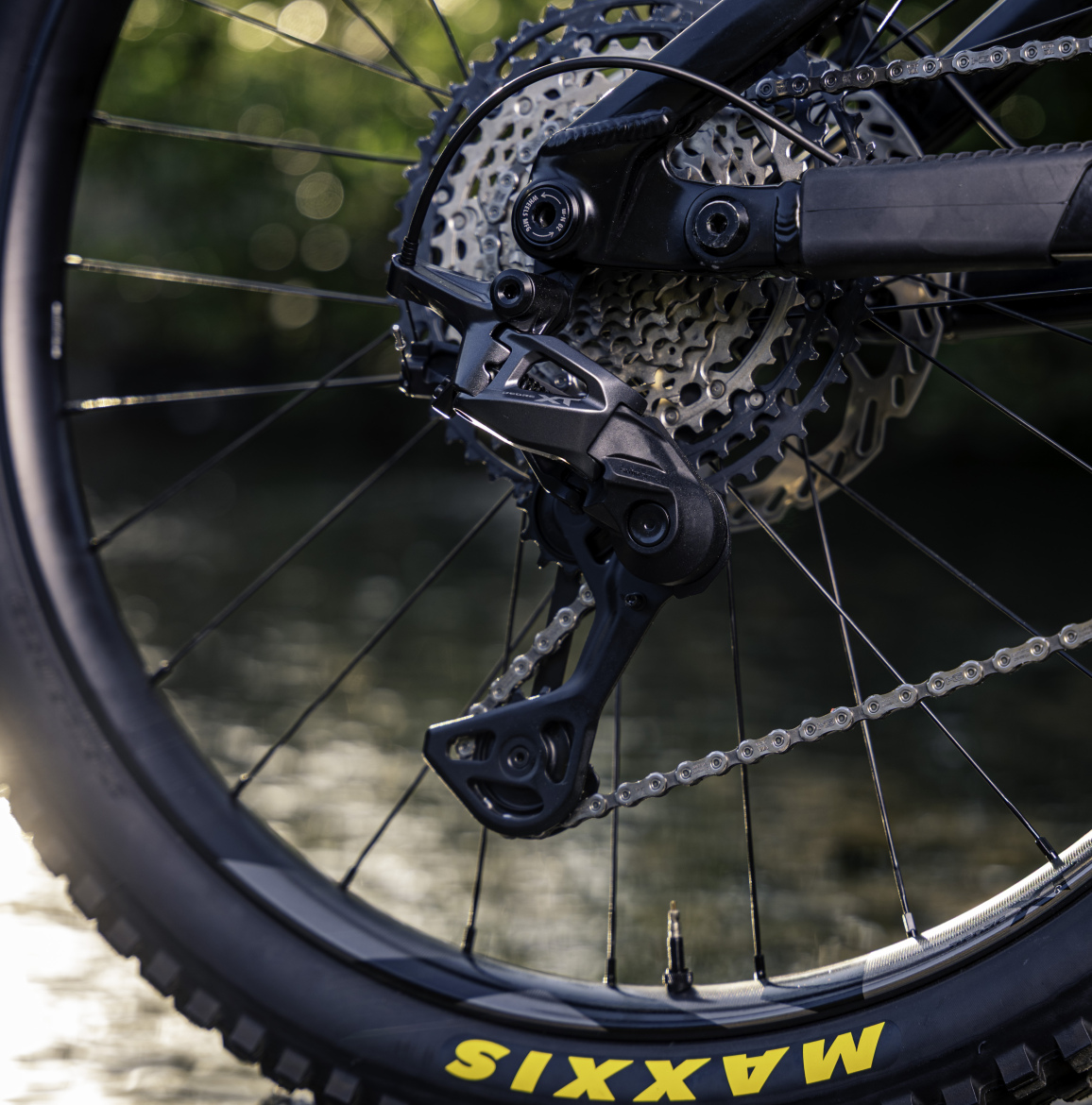 Close-up view of a bicycle's rear derailleur and cassette, showcasing the chain and gear components. The image highlights intricate mechanical details against a blurred natural background.