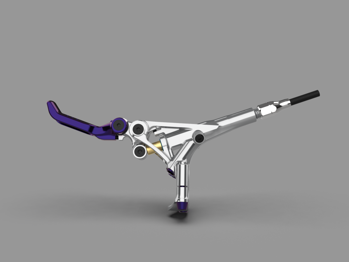 3D rendering of a Hustok brake lever assembly, featuring a metallic finish with purple accents and a black grip, set against a gray background.