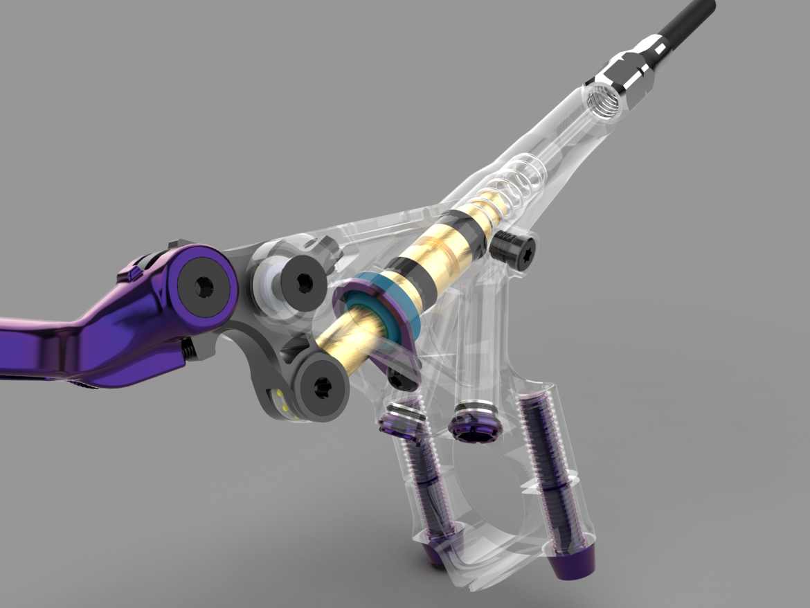 3D rendering of a hustok brake lever master cylinder, showcasing a transparent valve assembly with visible internal parts, including a golden spring and various colored rings. The component is paired with a purple lever and mounted on a gray background.
