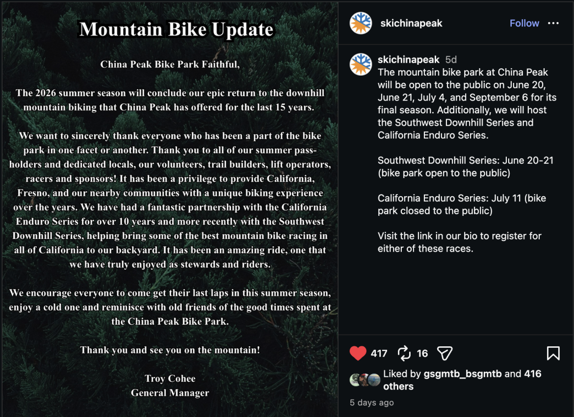 A screenshot of China Peak's Instagram announcement that the bike park will close after 2026