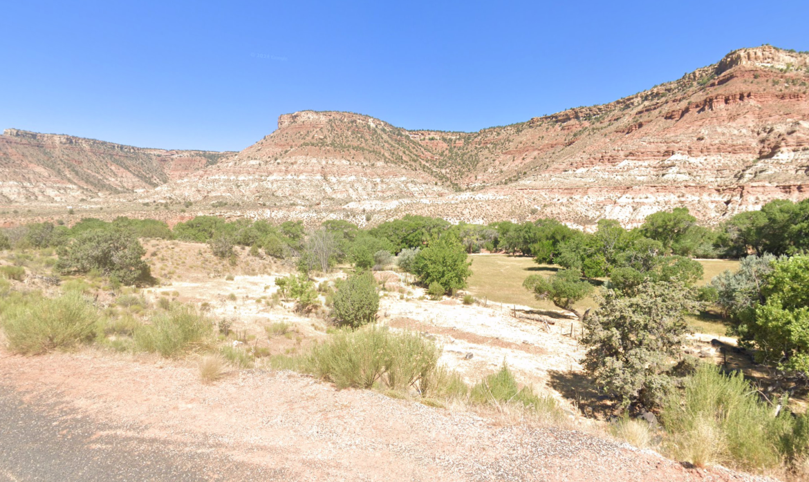 A panoramic view of rugged red rock formations and layered cliffs, set against a clear blue sky. In the foreground, a mix of sparse shrubs and green trees is visible, contrasting with the arid landscape. The scene captures the natural beauty of a remote, hilly terrain.