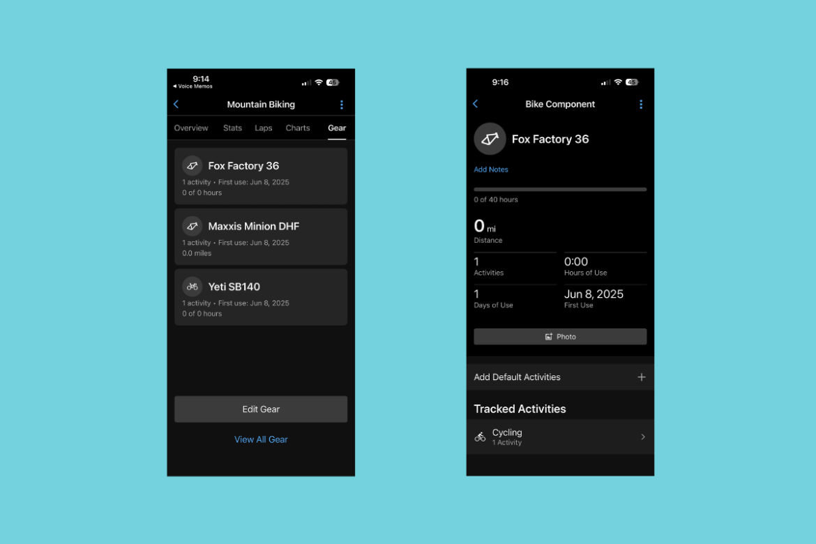 Two mobile app screens related to mountain biking gear and activity tracking. The left screen displays gear information, including entries for "Fox Factory 36," "Maxxis Minion DHF," and "Yeti SB140," with details about activities and first use dates. The right screen shows a detailed view of the "Fox Factory 36" component, including stats such as distance, hours of use, and the date of first use. Both screens are presented on a light blue background.