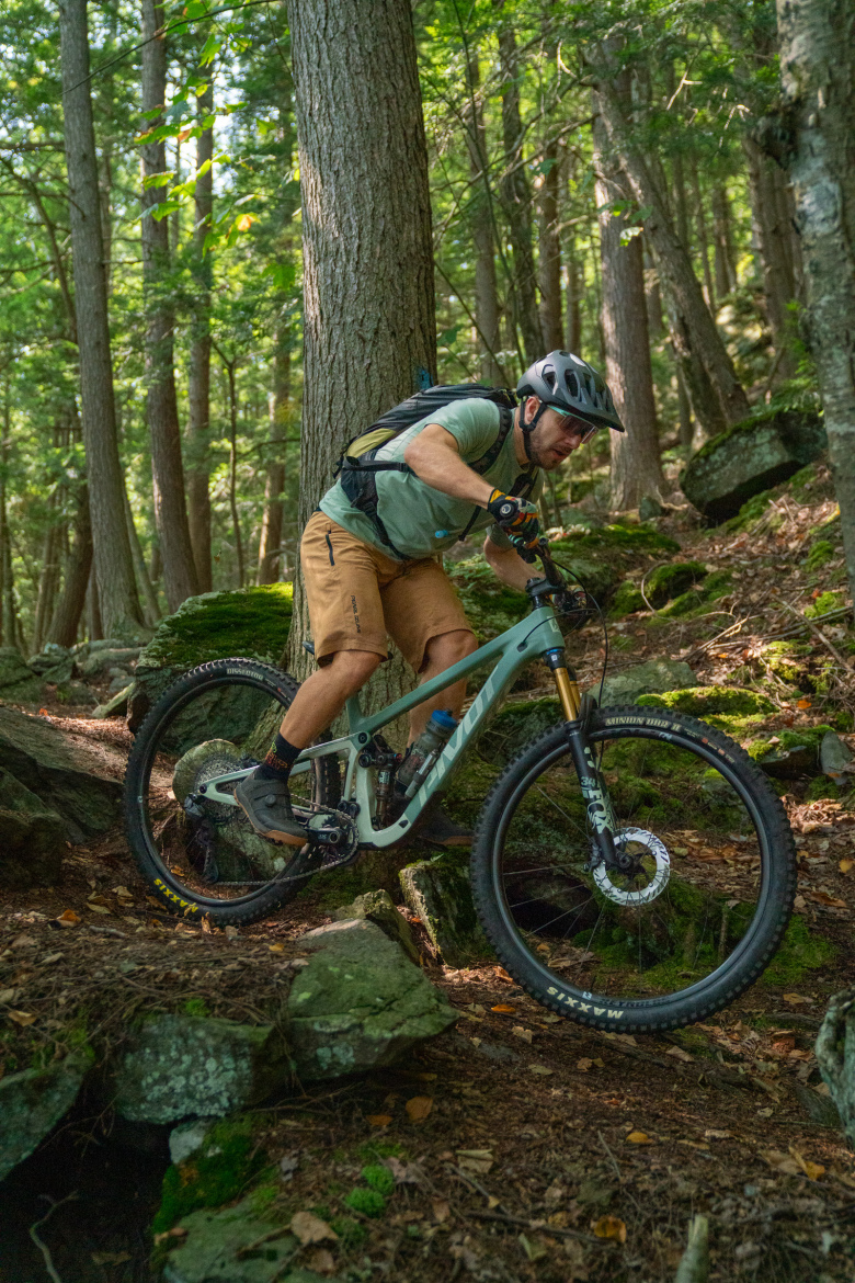 A mountain biker navigating a rocky trail in a forested area, wearing a helmet and riding an off-road bicycle. The scene is surrounded by tall trees and natural greenery, highlighting the adventure of outdoor cycling.