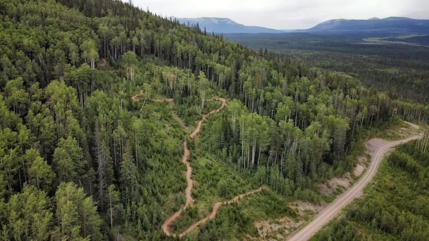 Aerial view of a winding dirt trail through a lush green forest, surrounded by tall trees. The landscape features a mix of coniferous and deciduous trees with a distant mountain range visible under a cloudy sky. A dirt road can be seen intersecting the forest area.