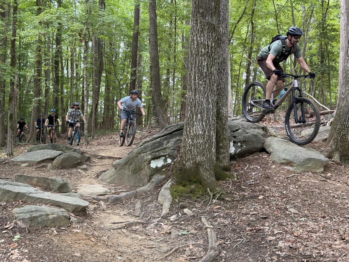 Mountain bikers navigating a rocky trail in a lush forest setting. Several riders can be seen, with one airborne over a rock formation, showcasing the dynamic and adventurous nature of the sport. The scene is surrounded by tall trees and green foliage, depicting a vibrant outdoor environment.