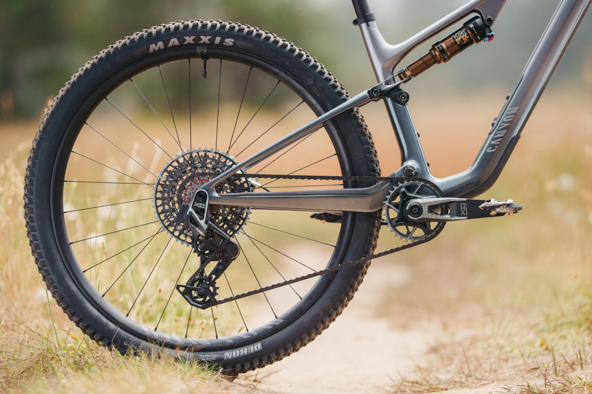 Close-up of the rear wheel and drivetrain of a mountain bike, featuring a Maxxis tire, a cassette, and a derailleur. The bike is set against a natural background with a dirt path and tall grass, highlighting its rugged design and performance capabilities.