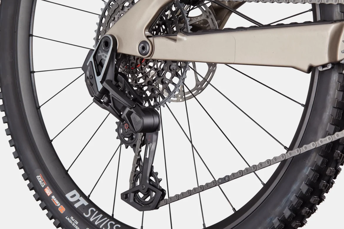 Close-up of a mountain bike's rear drivetrain, featuring a derailleur, chain, and cassette. The image highlights the interconnected components, showcasing the black derailleur mounted on a beige frame and the chain positioned over the cogs. The wheel’s tire displays the "DT Swiss" branding.