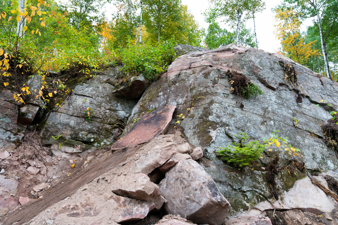 A rocky hillside covered with various types of vegetation, including green bushes and small trees, showcasing autumn foliage with hints of yellow and orange. The texture of the rocks is visible, and some areas show signs of erosion and loose stones.