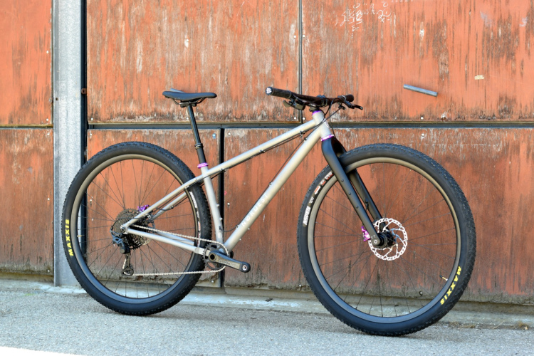 A sleek mountain bike with a silver frame and black fork, featuring thick tires marked "MAXXIS." The bike is positioned against a weathered, rust-colored metal wall, showcasing its design and details such as the minimalist gear system and purple accents.