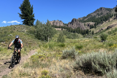A mountain biker rides along a dirt trail surrounded by lush green and yellow vegetation with rocky hills in the background under a clear blue sky. Adams Gulch Loop mountain bike trail.
