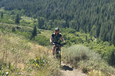 A mountain biker on a dirt trail surrounded by lush greenery and rolling hills, with mountains visible in the background on a sunny day. Adams Gulch Loop mountain bike trail.