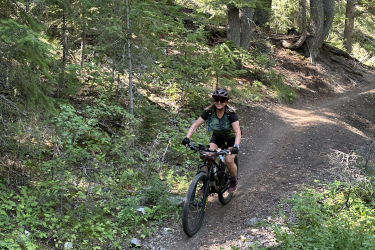 A person riding a mountain bike along a dirt trail in a forested area, surrounded by tall trees and lush greenery. The cyclist is wearing a helmet and enjoying a sunny day outdoors. Adams Gulch Loop mountain bike trail.