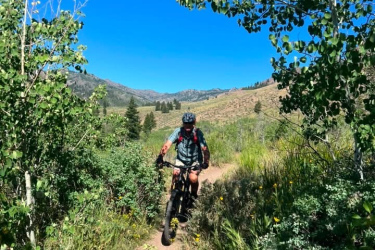 A mountain biker rides along a dirt trail surrounded by lush greenery and wildflowers, with a clear blue sky overhead and rolling hills in the background. Adams Gulch Loop mountain bike trail.