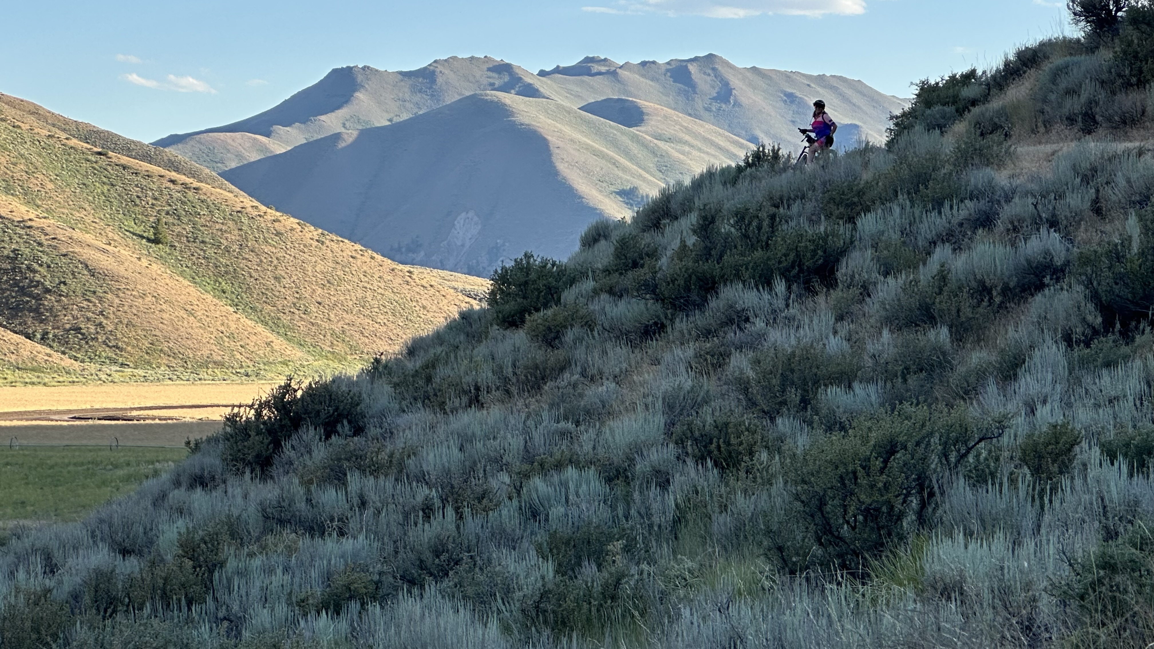A person standing on a hillside covered with green and brown shrubs, overlooking a valley with distant mountains under a blue sky with a few clouds. Quigley Loop mountain bike trail.