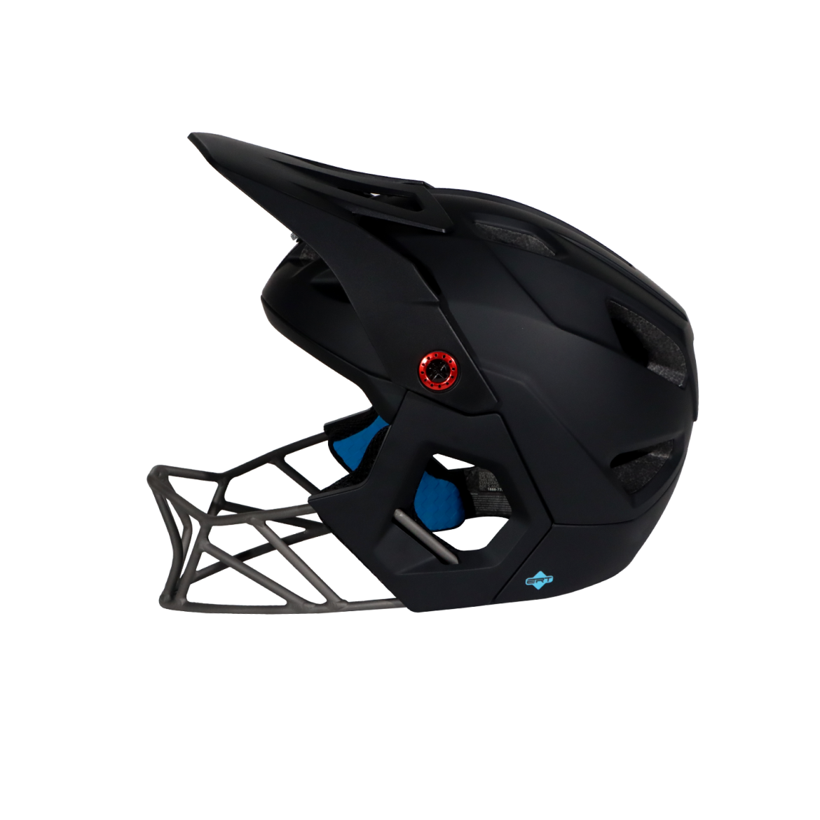 A black mountain bike helmet with a prominent visor and ventilation holes, featuring a red button and a blue interior lining. The helmet has a sleek, modern design and is viewed from the side.