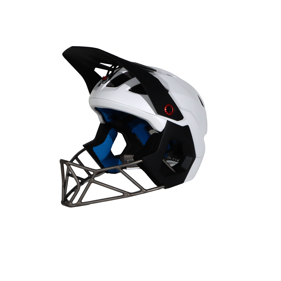 A white protective helmet with a black visor and blue interior padding, featuring a metal face guard. The helmet is shown from the side to highlight its design and safety features.