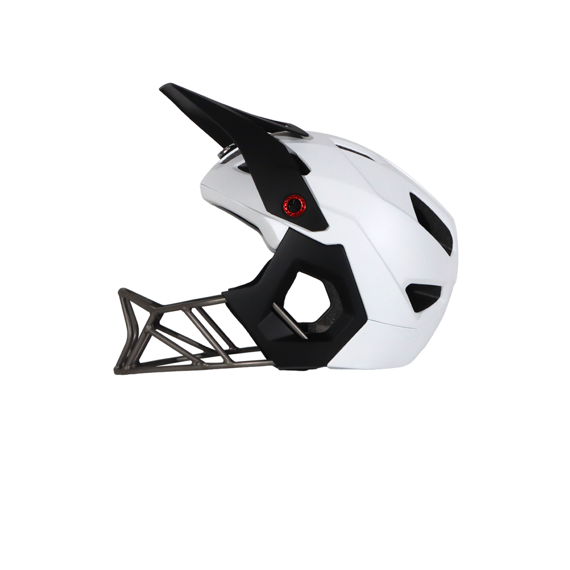 A sleek, modern helmet designed for extreme sports, featuring a predominantly white exterior with black accents and a prominent visor. The helmet has a distinctive shape, characterized by a pointed front and an intricate mesh-like structure at the back for ventilation. A red detail is visible near the front, adding a pop of color to its design.