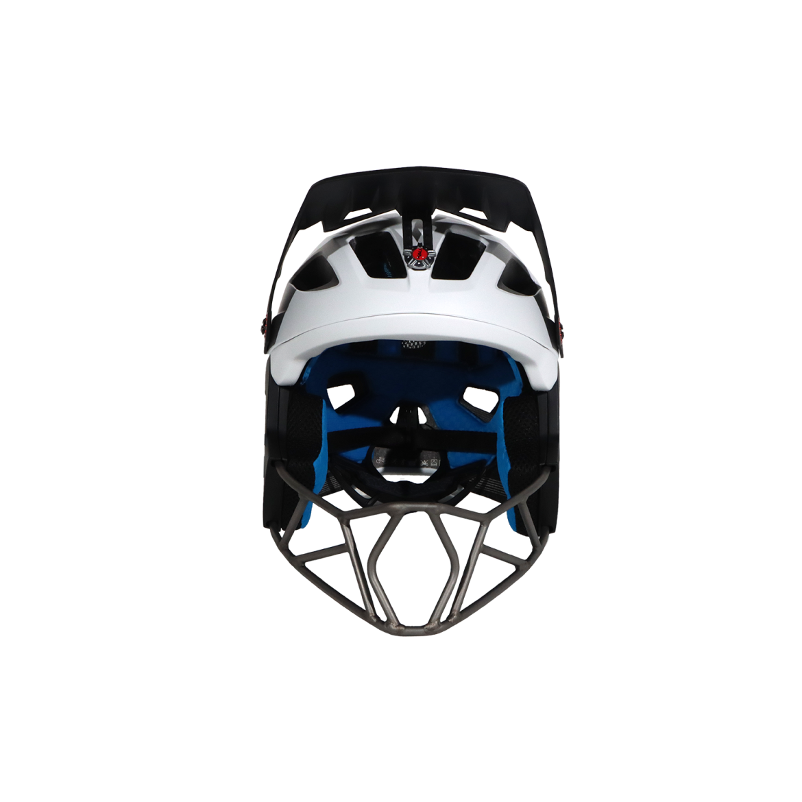A bicycle helmet viewed from above, featuring a white outer shell with ventilation holes and a black interior. The inner padding is blue, and there is a visible chin strap and buckle. The helmet has a sleek design suitable for cycling safety.